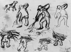 Seitsemän luonnosta miehistä kaivamassa ja kantamassa polttopuita ja luonnos koirasta. tekijältä Emile Othon Friesz