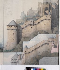 Näkymä machicoulisille pohjoistornin ja Mont Saint Michelin Claudine-tornin välillä. Piirustus Emile Sagot. Avranchesin kunnallinen museo (Manche)
