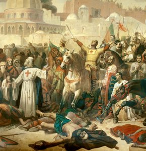 Yksityiskohta: Ensimmäinen ristiretki: "" Jerusalemin valloitus risteyksillä 15.7.1099"" Godefroy de Bouillon antaa armon Jumalalle Pietari Erakon (tai Erakon) läsnäollessa
