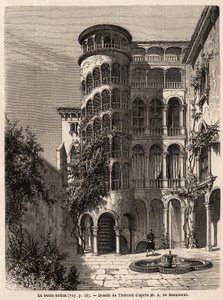 La Scala Antica, Therondin piirustus havainnollistamaan Adalbert de Beaumontin matkaa Venetsiaan noin 1850. Kaiverrus kirjaan "" Le tour du monde", toimittanut Edouard Charton tekijältä Emile Theodore Therond