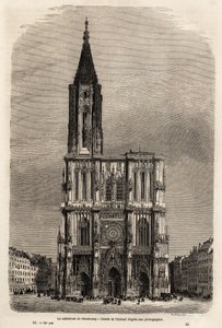 Strasbourgin katedraalin julkisivu, Therondin piirustus havainnollistamaan Victor Duruyn matkaa Pariisista Bukarestiin vuonna 1860. Kaiverrus ”” Le tour du monde”” 1861. Selvan kokoelma.