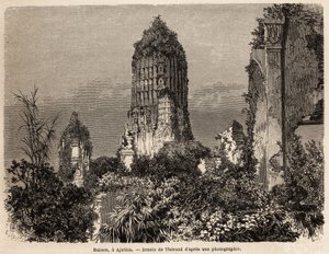 Therondin piirtämät rauniot viidakon kasvillisuudesta Ajuthiassa (Thaimaa), havainnollistamaan Henri Mouhotin matkaa Siamin, Kambodžan ja Laosin valtakuntien läpi vuosina 1858–1861. Kaiverrus kirjassa "" Le tour du monde", toimittanut Edouard