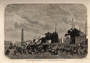 Ett Meydanin aukio, Konstantinopoli (nykyinen Istamboul, Turkki), Therondin piirustus havainnollistamaan F. Jerusalemyn vuonna 1862 tekemää tutkimusta turkkilaisnaisista. Kaiverrus kirjassa "" Le tour du monde", toimittanut Edouard Charton