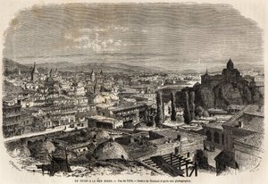 Näkymä Tiflisistä (tai Tbilisistä), Therondin piirtämä havainnollistamaan Moynetin vuoden 1858 matkaa Mustallemerelle ja Kaspianmerelle. Kaiverrus "" Le tour du monde, nouveau journal des voyages"" Paris