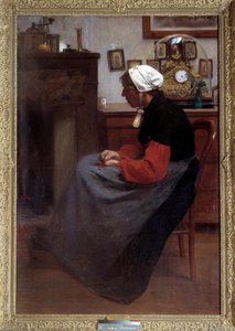 Yksinkertainen sydän Vanha talonpoika, joka nukkuu tuolilla maalaismaisessa sisustuksessa. Emile Troncyn (1859-1943) maalaus. Pariisi, Palais du Luxembourg DR tekijältä Emile Troncy