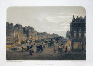 Boulevard du Temple, Pariisi. Litografia-akvarelli, kuvitus E.de la Tramblaiz, "Album, souvenirs de Paris"", Daziaro-toimittaja, Paris tekijältä Emile de la Tramblais