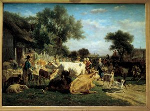 Village Fair Betail-messut. Emile Van Marckin (1827-1890) maalaus 1800-luvun Clermont Ferrand (Clermont-Ferrand). Bargoinin museo