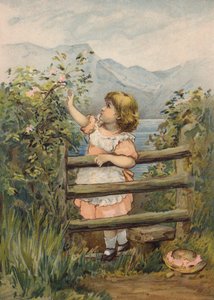 Tyttö kurottautuu poimimaan kukkaa (chromolitho)