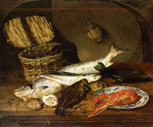 Lohi, makrilli, hummeri lautasella, pajukori, osterit, Chianti-pullo ja kalastajan verkko puupöydällä, 1854