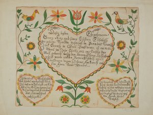 Fraktur - syntymä- ja kastetodistus tekijältä Emma M. Krumrine