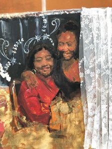 Matrilineality, 2019, Öljy, akryyli, kangas, printti ja jäljitelmä kultalehti kankaalle tekijältä Emma Prempeh