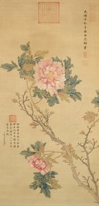 Pioni, Qing-dynastia (tussi ja väri silkille). tekijältä Empress Cixi Manchu-Chinese