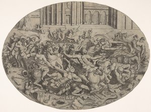 Taistelu amatsonien ja miesten välillä arkkitehtonisten pelihallien edessä, soikea sommitelma..., 1543. tekijältä Enea Vico