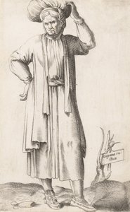 Pukulautanen: Hispania Rustica, jossa pyykki päässä, n. 1557-58. tekijältä Enea Vico
