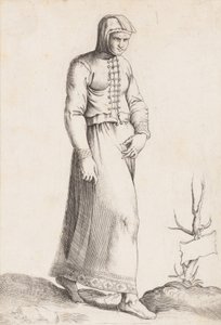 Pukulevy: Nainen hupullinen vaate, n. 1557-58. tekijältä Enea Vico