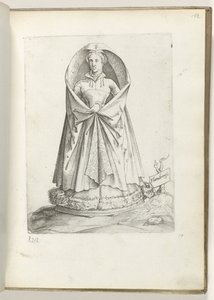 Flanderi (otsikko esineessä) Een vrouw uit Vlaanderen, gekleed volgens de mode van ca. 1550 Aikamme eri kansojen asenteet (sarjan nimi) tekijältä Enea Vico