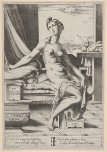 Lucretia alasti ja istuu ikkunan edessä, tikari oikeassa kädessään ja pitelee..., n. 1535-67.