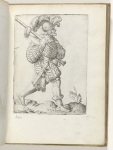 Saksalainen sotilas (nimi esineessä) Duitse soldaat, gekleed volgens de mode van ca. 1550 Aikamme eri kansojen asenteet (sarjan nimi) tekijältä Enea Vico