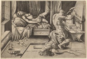 Venus makaamassa Vulcanin kanssa pajassaan tekijältä Enea Vico after Parmigianino
