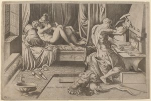Venus ja Mars halaavat Vulcanin kanssa hänen Forgessaan tekijältä Enea Vico after Parmigianino