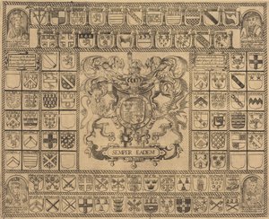 Henry VII:n, Henrik VIII:n, Edward VI:n ja Maryn vaakunat kulmamuotokuvilla tekijältä English 16th Century