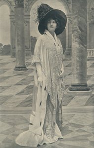 Iltaviitta, runsasta laukusatiinia, somistettu Hermeliinillä ja komeasti kirjailtu (s/w valokuva). tekijältä English Photographer