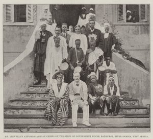 Herra Llewellyn ja Senegambian päälliköt hallituksen talon portailla, Bathurst, Gambia-joki, Länsi-Afrikka tekijältä English Photographer