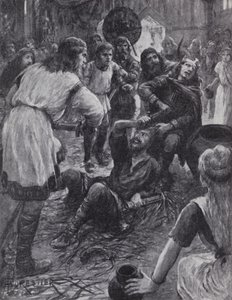 Kuningas Edmund I:n murha osallistuessaan Pyhän Augustinuksen päivän messuun Pucklechurchissa, Gloucestershiressä, 946 (litho) tekijältä English Photographer