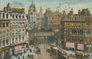 Postikortti Ludgate Circuksesta, Lontoo, lähetetty vuonna 1913 (käsin värjätty valokuva) tekijältä English Photographer