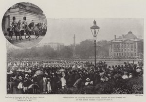 Kuningas Edward VII esitteli värit 3. Scots Guardille Horse Guards Paradessa 24. toukokuuta tekijältä English Photographer