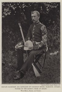 Yksityinen Hayhurst, Kanadan kiväärien 13. pataljoona, Hamilton, Ontario, Bisleyn Queens-palkinnon voittaja, mitalilla, kunniamerkillä ja shekillä tekijältä English Photographer