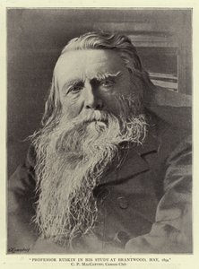 Professori Ruskin tutkimuksessaan Brantwoodissa toukokuussa 1894 tekijältä English Photographer