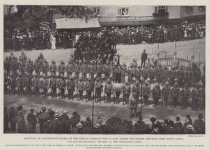 Etelä-Afrikasta palaavien 2. East Surreyn vapaaehtoisten palvelujoukon vastaanotto Kingston-on-Thamesissa, pormestari toivotti miehet tervetulleeksi kruunauskivelle tekijältä English Photographer