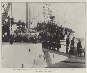 Joukkojen paluu Indian Frontier -kampanjasta, laskeutuminen höyrylaivalta Nubiasta Southamptonissa tekijältä English Photographer