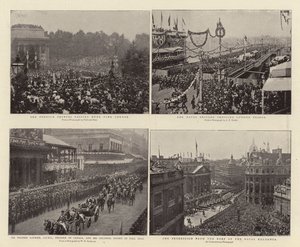 Ulkomaalaiset prinssit ohittavat Hyde Park Cornerin, Sir Wilfrid Laurier, GCMG, Kanadan pääministeri ja Colonial Escort Pall Mallissa, laivastoprikaati ylittää London Bridgen, kulkue katolta.