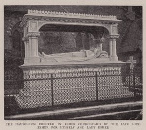 Mausoleumi, jonka edesmennyt lordi Esher pystytti Esherin kirkkopihalle itselleen ja Lady Esherille tekijältä English Photographer