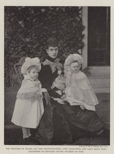 Walesin prinsessa ja hänen lapsenlapsensa, Lady Alexandria ja Lady Maud Duff, Fifen herttuattaren prinsessa Louisen tyttäret tekijältä English Photographer