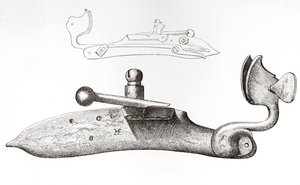1600-luvun Matchlock. Mekanismi tai lukko, jota käytetään ampumaan kädessä pidettävästä tuliaseesta, British Army: Its Origins, Progress and Equipment, julkaistu 1868. tekijältä English School