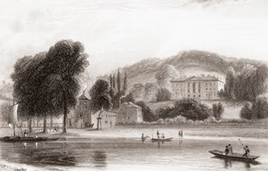 1800-luvun näkymä Beaumont Lodgesta, Old Windsorista, Berkshirestä, Englannista. Myytiin vuonna 1854 Society of Jesus -yhdistykselle ja nimettiin uudelleen Beaumont Collegeksi, jesuiittakouluksi. Churtonin Portrait and Lanscape Gallerysta, julkaistu 1836. tekijältä English School