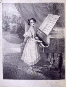 Lapsipianisti (neiti Jonas?) soittamassa John Fieldin Pastoralea, n. 1835 (kaiverrus) tekijältä English School