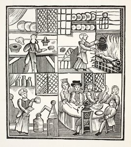 Kokoelma ruoanlaittokuitit, kuvitus 1800-luvun Chap-booksista, kirjoittanut John Ashton, pub. 1882 tekijältä English School