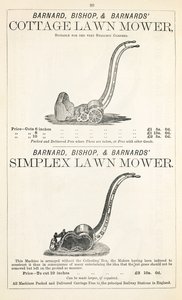 Mökki ja Simplex -ruohonleikkuri, kuva puutarhanhoitoluettelosta, julkaisija Barnard Bishop & Barnard, 1878 tekijältä English School