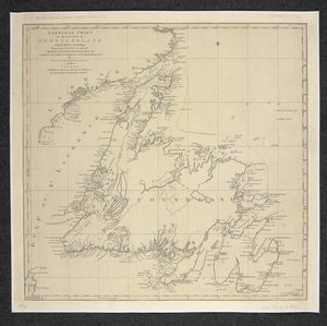 Newfoundlandin saaren yleinen kartta kivillä ja luotauksilla, piirretty tutkimuksista ... James Cook ja Michael Lane tekijältä English School
