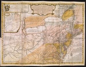 Yleinen kartta Keski-Britannian siirtomaista Amerikassa; eli Virginia, Mariland, Delaware, Pensilvania, New Jersey, New York, Connecticut ja Rhode Island: Aquanishuonîgysta, Konfederaation intiaanien maasta. . . Järvistä Erie, Ontario ja Ch tekijältä English School