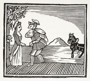 Herrasmies neuvottelemassa Mother Bunchin kanssa, kuvitus John Ashtonin kirjasta Chap-books of the Eighteenth Century, pubi. 1882 tekijältä English School