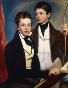 Ryhmämuotokuva Musgrave Morris Boysista, yksi istuu puolipitkänä tummassa takissa, pitelee kirjaa, toinen seisoo kolme neljäsosaa tummassa takissa, pitelee rusettia, n. 1830 tekijältä English School