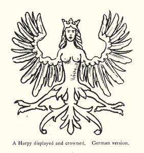 Harpy esillä ja kruunattu, saksankielinen versio (kaiverrus) tekijältä English School