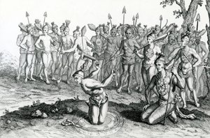 Floridan kuningas neuvoi taikuriaan ennen taisteluun menoa, kuva otettu Moores Voyages and Travels -julkaisusta, 1778 tekijältä English School