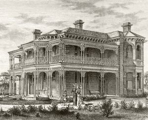 Melbournen esikaupunkitalo, noin 1880, Howard Willoughbyn "Australian Pictures" -julkaisusta, julkaisija Religious Tract Society, Lontoo, 1886 tekijältä English School