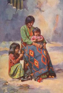 Navajo-intiaanien squaw ja lapsia (värilitografia) tekijältä English School